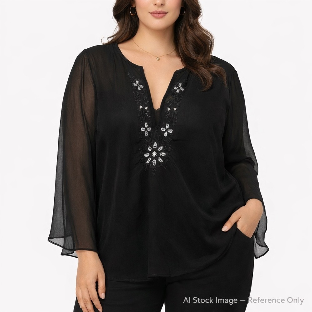 SilkLand Black Sheer Blouse 2X NWT - Embellished Evening Top